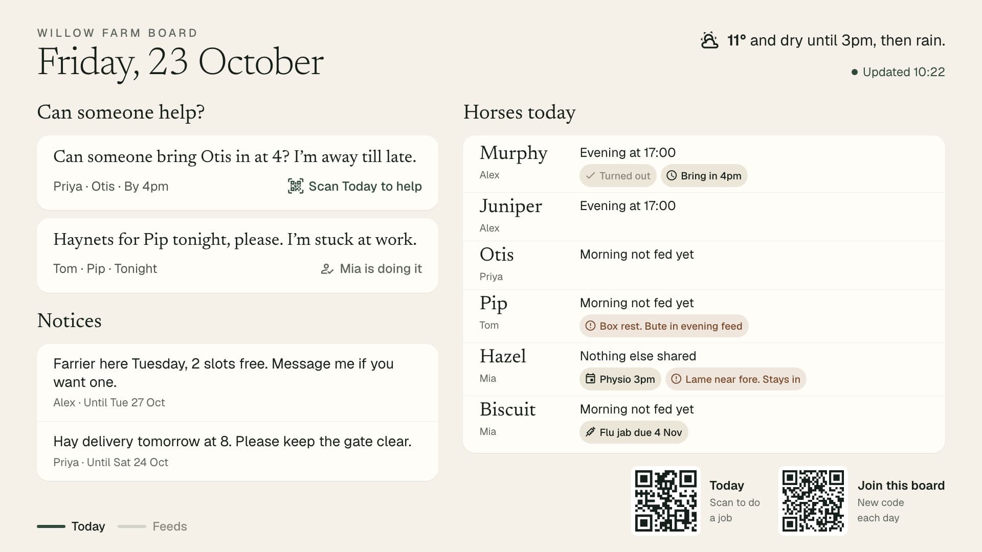 The yard board on a screen in the feed room
